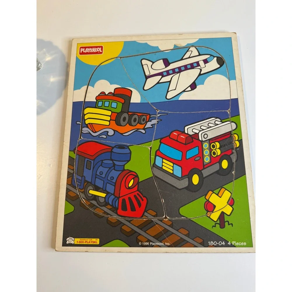 VTG 1996 Playskool Wooden Transportation‎ Puzzle 4 Piece Train Plane Fire Truck